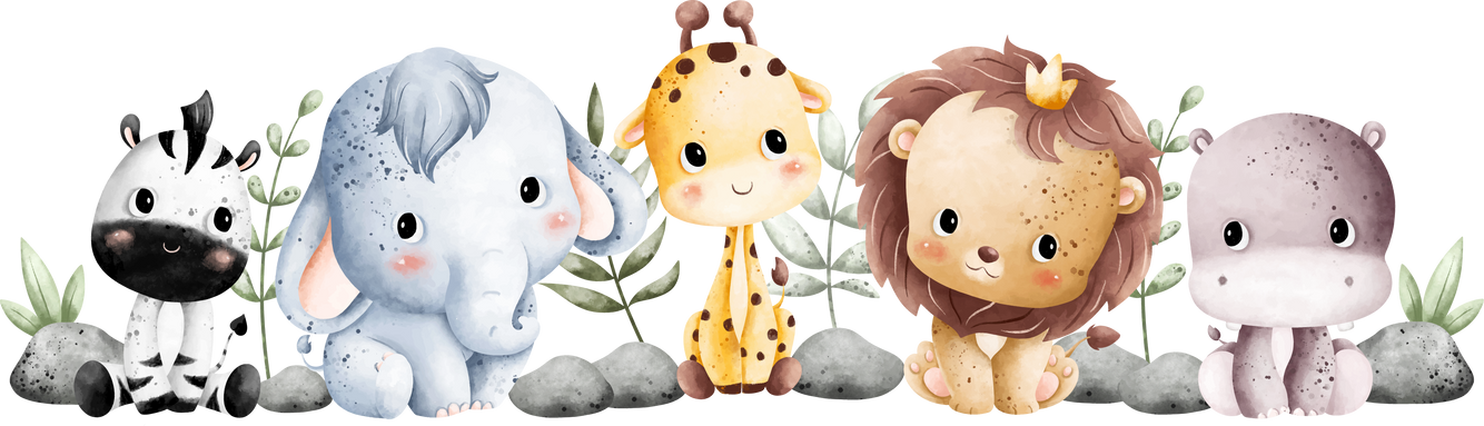 Watercolor Illustration Jungle baby Animal sitting on the grass background